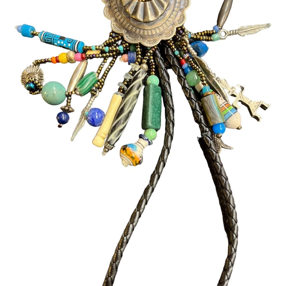 Vintage Leather Bolo Tie Southwestern Beads Gemstone Beads Multi-strand - Picture 10 of 16